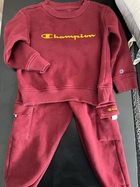 Champion Kids Maroon Sweatshirt & Cargo Joggers Set with Yellow Logo